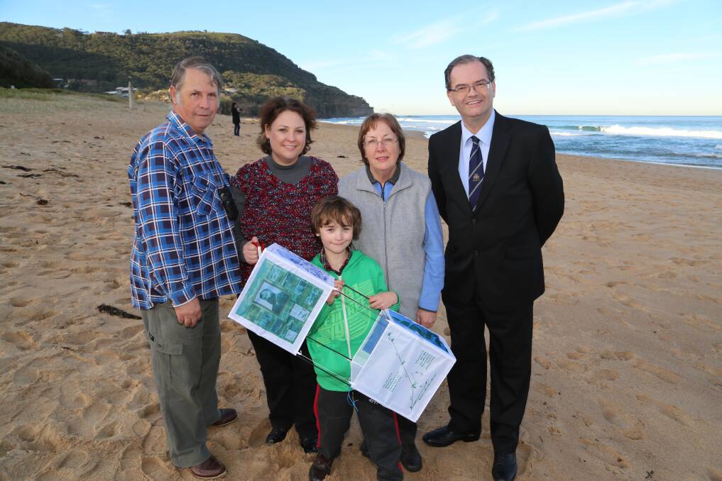 Charles, Rachel, Joshua, Robyn and Lawrence John Hargrave on Stanwell Park Beach, on the site where it all happened more than 100 years ago. Picture: GREG ELLIS
