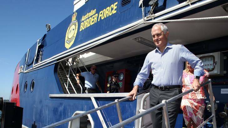 Prime Minister Malcolm Turnbull visits Border Force patrol boat the Cape Jervis patrol boat in Darwin on Tuesday.  Photo: Andrew Meares