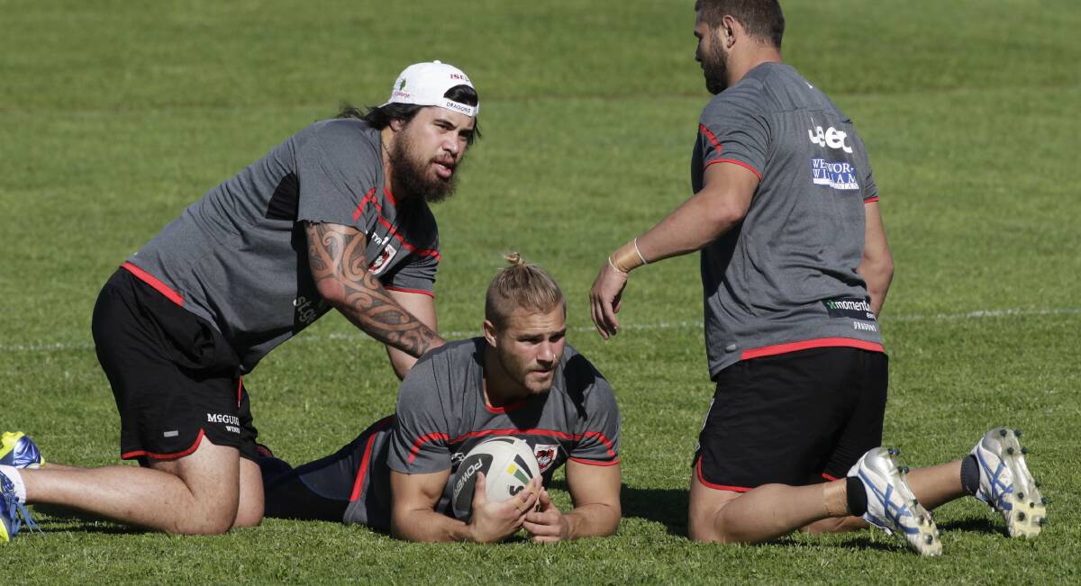 Jack de Belin (centre) believes he is hitting his stride with the Dragons this season. Picture: ANDY ZAKELI