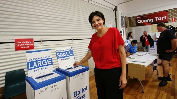 She's back (almost): Anti-corruption fighter Jodi McKay looks likely to have won Strathfield on preferences though late on Saturday she wasn't quite prepared to say so. Photo: Louise Kennerley
