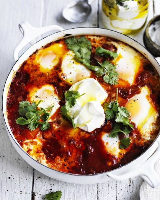 Baked eggs with spicy sausage. Just add a cooling dollop of labna <a href="http://www.goodfood.com.au/good-food/cook/recipe/baked-eggs-with-spicy-sausage-and-labna-20150407-3tm5v.html"><b>(Recipe here).</b></a> Photo: William Meppem