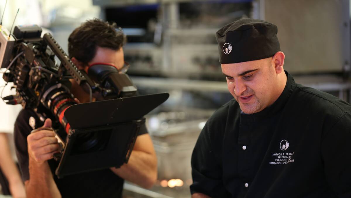 Emmanuel Efstathiadis is filmed after Lagoon Seafood Restaurant was named Australian Restaurant of the Year. Picture: GREG ELLIS