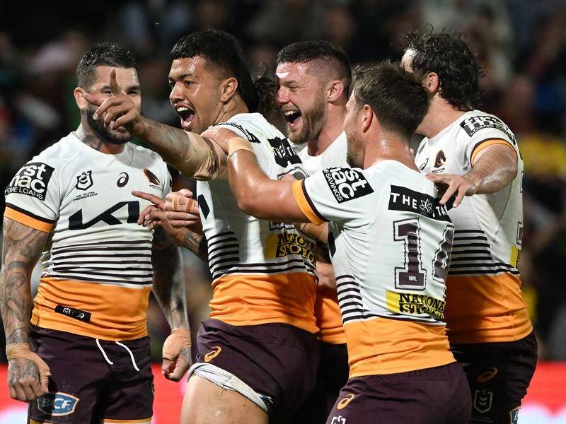 Brisbane prop Xavier Willison (2-l) has a big role to play in the absence of front-rower Payne Haas. (Darren England/AAP PHOTOS)