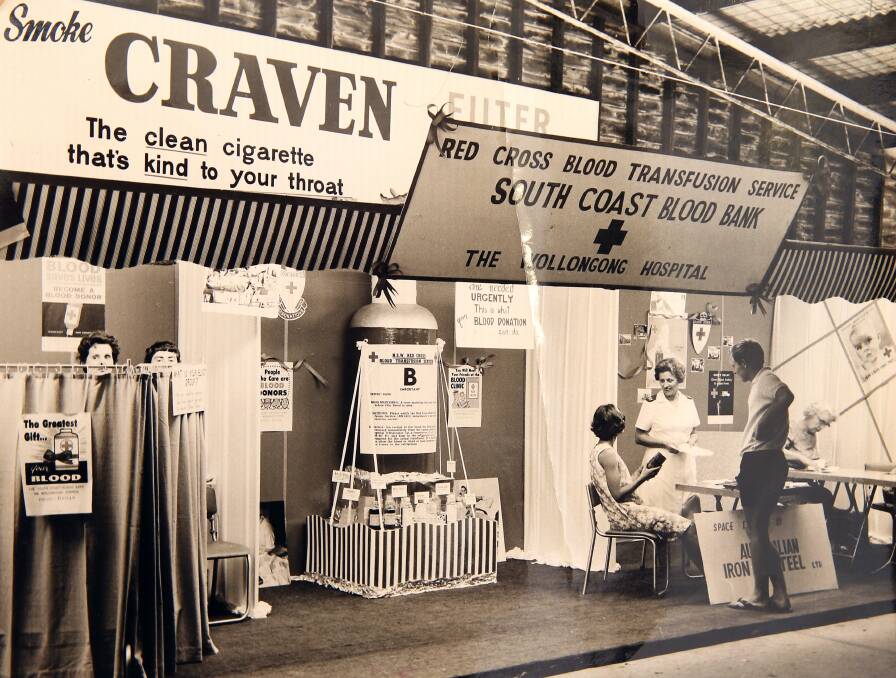 A cigarette advertisement  and a donating blood booth – an incongruous mix in this photo from the Wollongong Show in the early 1960s.