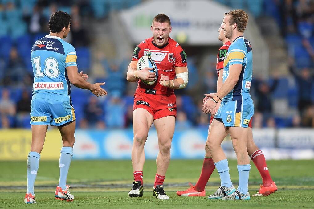 Euan Aitken of the Dragons reacts after knocking against the Gold Coast Titans.Picture: GETTY IMAGES