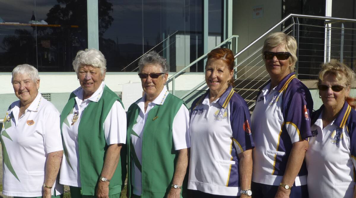 Goulburn Railway's (from left) Heather Thorton, Margaret Lawless and Robyn Hawkins with the Wiseman Park trio of Helen Hallenan, Mary Sheather and Suzanne Wood after the regional triples final.