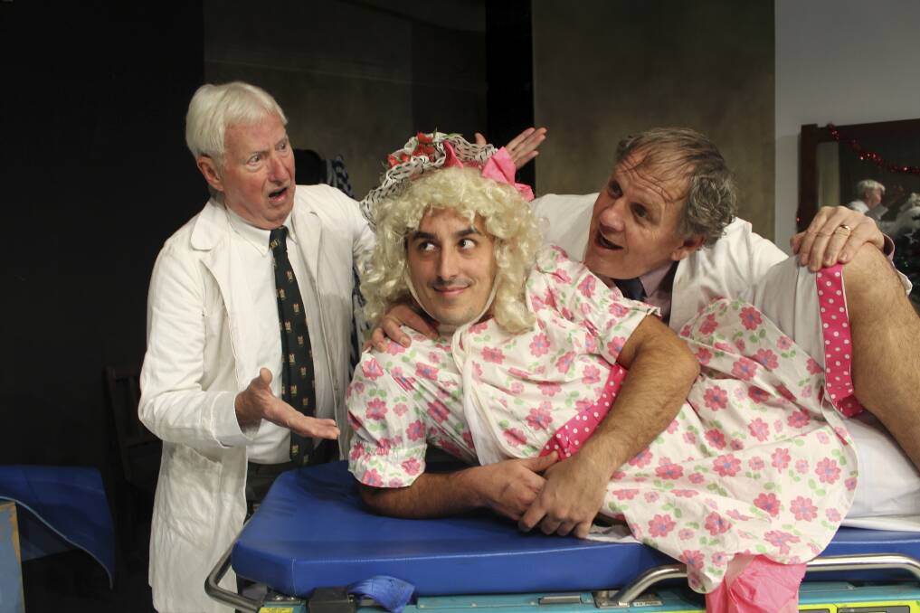 Gordon Streek, Nick Higgins and Adam O'Brien rehearsing for the new production of Ray Cooney's farcical play, It Runs In The Family.