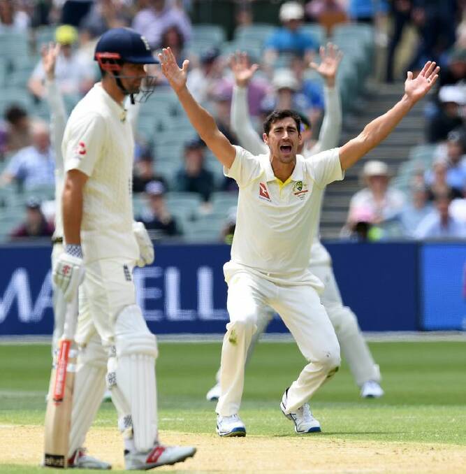 England batsman Alastair Cook looks on as Australian bowler Mitchell Starc appeals the wicket of Dawid Malan on Day 3 of the Second Test match between Australia and England at the Adelaide Oval in Adelaide, Monday, December 4, 2017. (AAP Image/Dave Hunt) NO ARCHIVING, EDITORIAL USE ONLY, IMAGES TO BE USED FOR NEWS REPORTING PURPOSES ONLY, NO COMMERCIAL USE WHATSOEVER, NO USE IN BOOKS WITHOUT PRIOR WRITTEN CONSENT FROM AAP