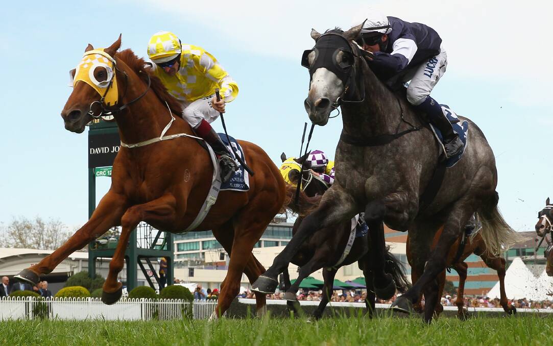 On target: Hugh Bowman aboard Criterion (outside) when second to Fawkner in the Caulfield Stakes. Picture: GETTY IMAGES