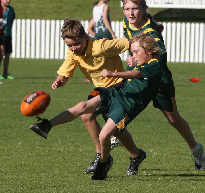 Having a ball: Minnamurra Public student Kieran Woolley gets his kick away against St Therese Catholic Primary School during the regional round of the Paul Kelly Cup. Picture: ROBERT PEET