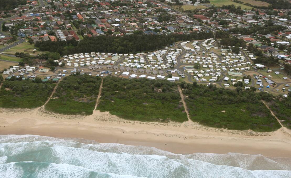 An aerial view of Corrimal Beach and Corrimal Caravan Park shows its proximity to the beach. Picture: SYLVIA LIBER