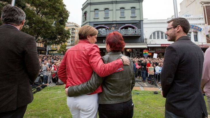 "Why wouldn't I want to marry this beautiful woman as soon as I could?" Christine Forster with her partner Virginia Edwards at the Rally for Marriage Equality in Taylor Square. Photo: Michele Mossop