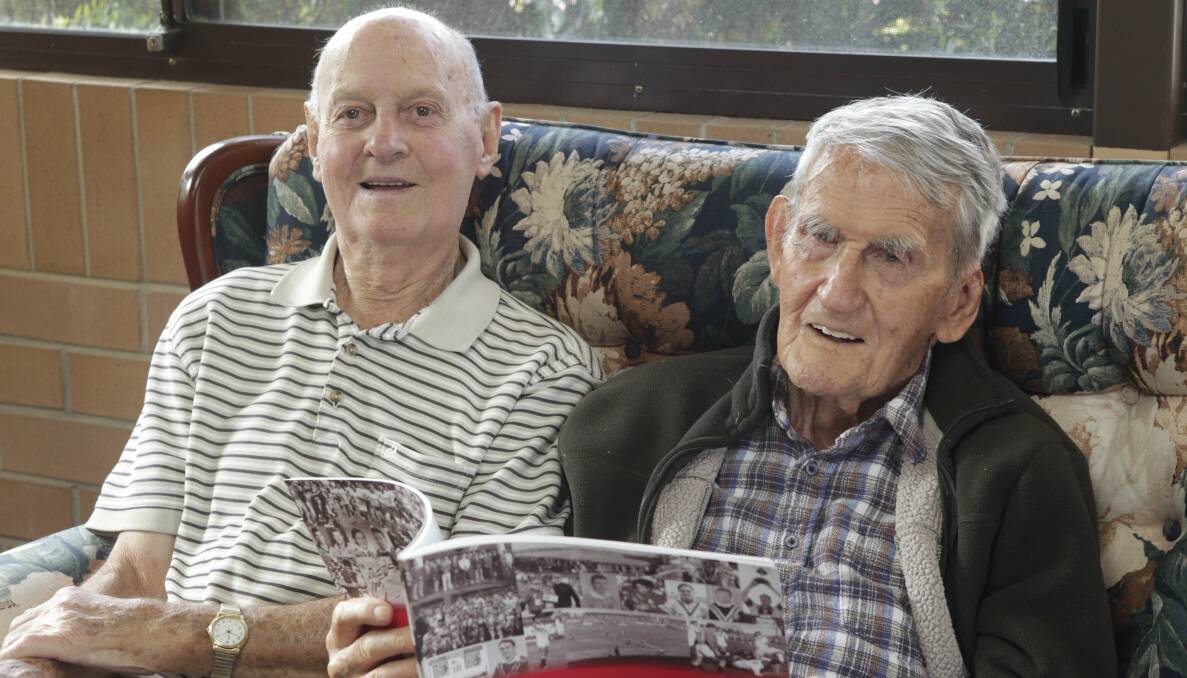 World War II veterans Leo Doyle and Tom McDermott, who served in New Guinea, are former Collegians players. Picture: ANDY ZAKELI
