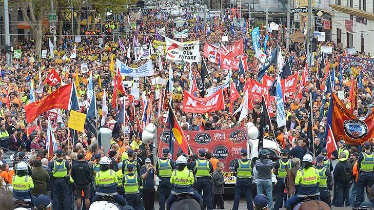 Crowds in Melbourne protest against the Federal Budget. Photo: Joe Armao