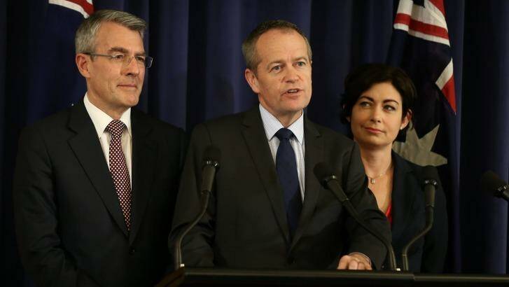 Opposition Leader Bill Shorten announces Labor's decision with Mark Dreyfus (left) and Terri Butler (right). Photo: Alex Ellinghausen