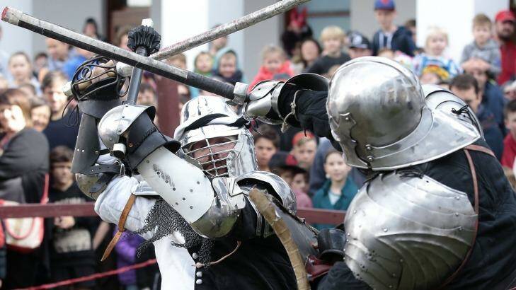 The Magna Carta's 800th anniversary was ample excuse for Lord Rubin Doubache (Robert Young, left) and Gabriel van Dorne (Luke Swadling) to don armour and indulge in heavy combat. Photo: Jeffrey Chan