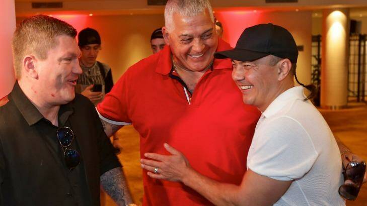 Promoter Ricky Hatton and boxing legend Kostya Tszyu with personality Mick Gatto. Photo: Dallas Kilponen