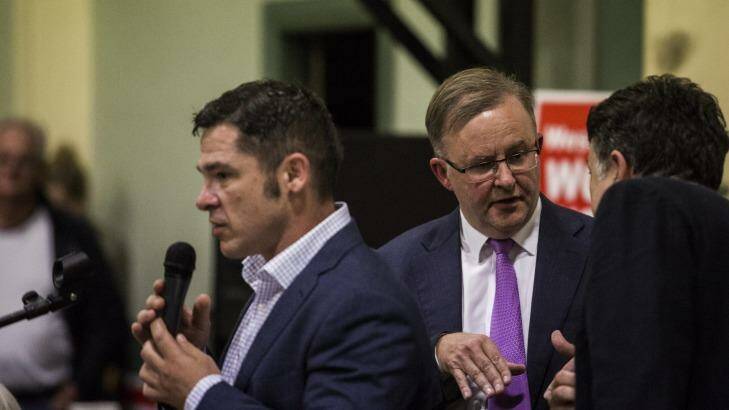 Jim Casey (left), the Greens' candidate for Grayndler, and Labor frontbencher Anthony Albanese at a forum in Balmain this month. Photo: Dominic Lorrimer