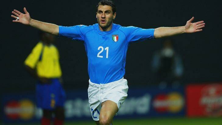 True blue: Christian Vieri celebrates scoring for Italy against Ecuador in the 2002 World Cup.
