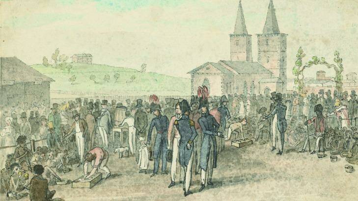 Governor Lachlan Macquarie introduced the annual 'Native Feasts' in 1814 to promote the Native Institution to Aboriginal people, who were invited to town to gather near St John's Cathedral. Aboriginal people were given roast beef, bread and ale. Photo: Augustus Earle, National Library of Australia