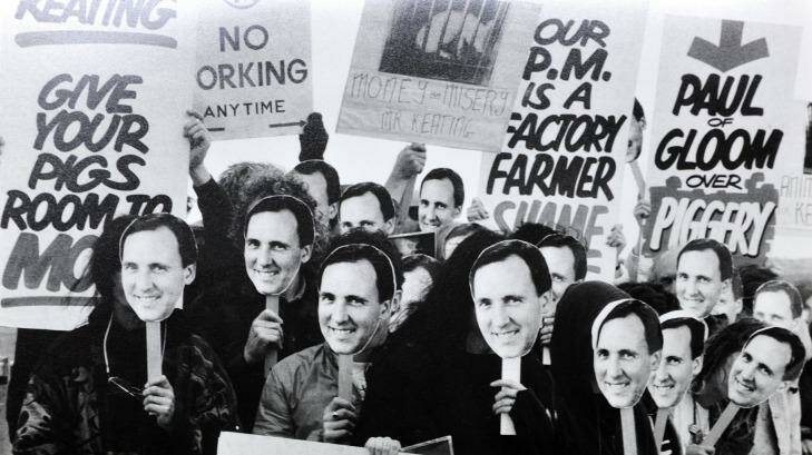 Demonstrators protest against prime minister Paul Keating's piggery interests at Parliament House in September 1993.