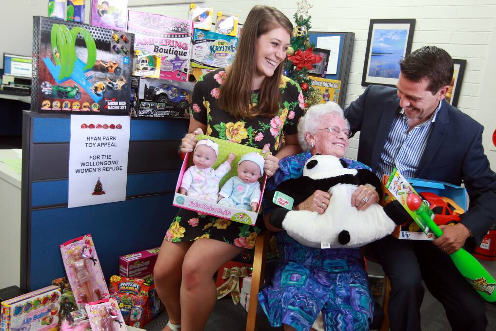 Elise Delpiano and Pat Osmond join Keira MP Ryan Park as he launches his Christmas toy appeal for children who will spend Christmas at Wollongong Women's Refuge. Picture: SYLVIA LIBER