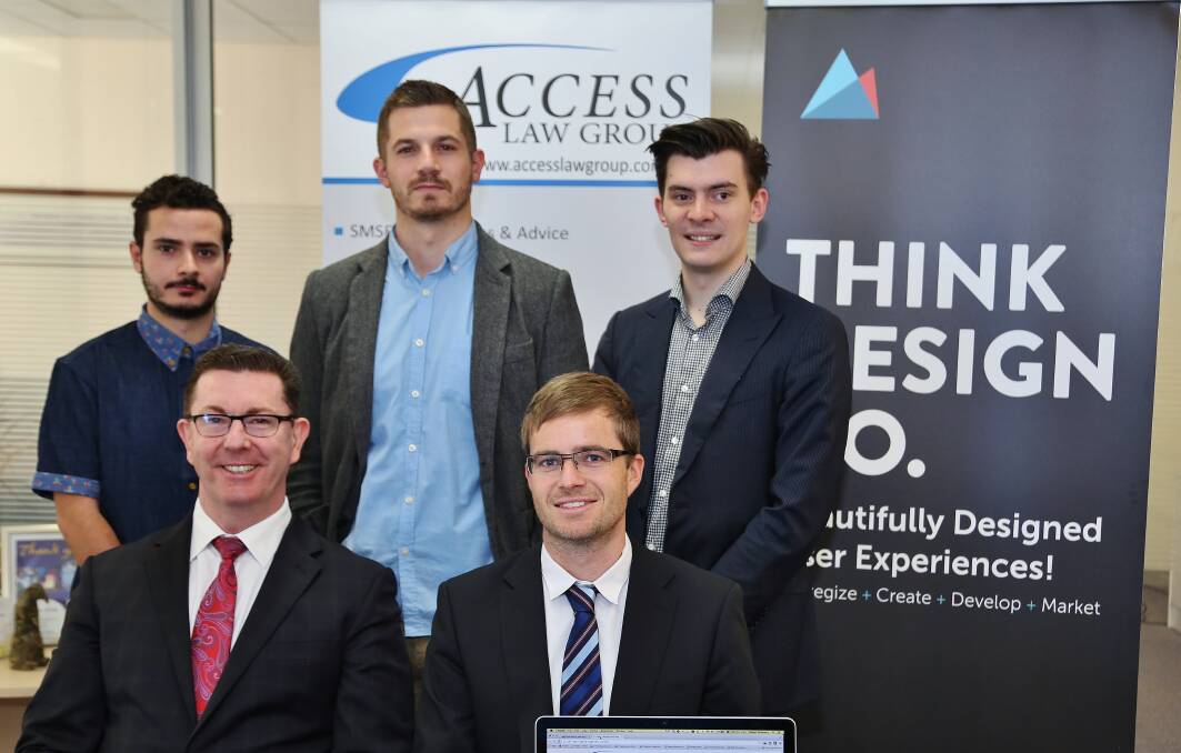 Think Design Company in-house developer Kai Forsyth and directors Adam Murphy and Daniel Holbourn (back row) with ACCESS Law Group director Graeme Lancaster and senior associate James Welch. Picture: GREG ELLIS