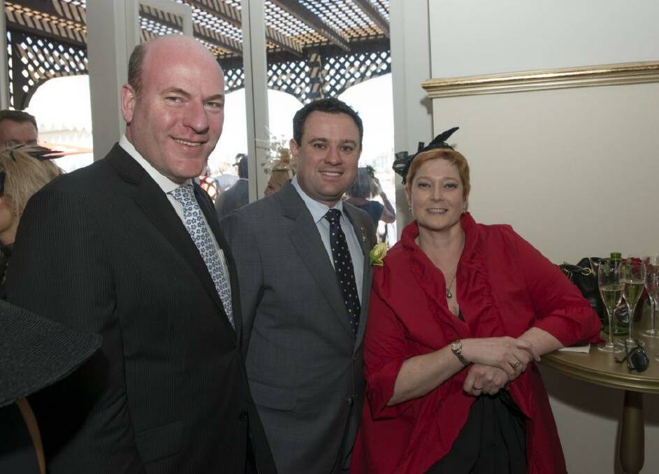Trent Zimmerman (left) in the Emirates marquee at Flemington on Melbourne Cup Day in 2013.  Photo: Jesse Marlow