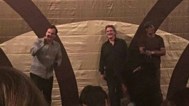 Quentin Tarantino on stage in Yarraville with Kurt Russell and Samuel L. Jackson. Photo: Supplied
