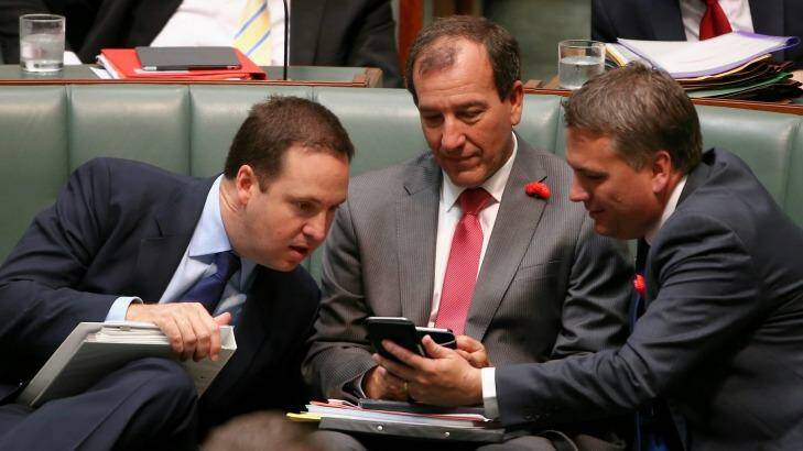 Mal Brough, with fellow ministers Steven Ciobo and Jamie Briggs during question time last week. Photo: Alex Ellinghausen