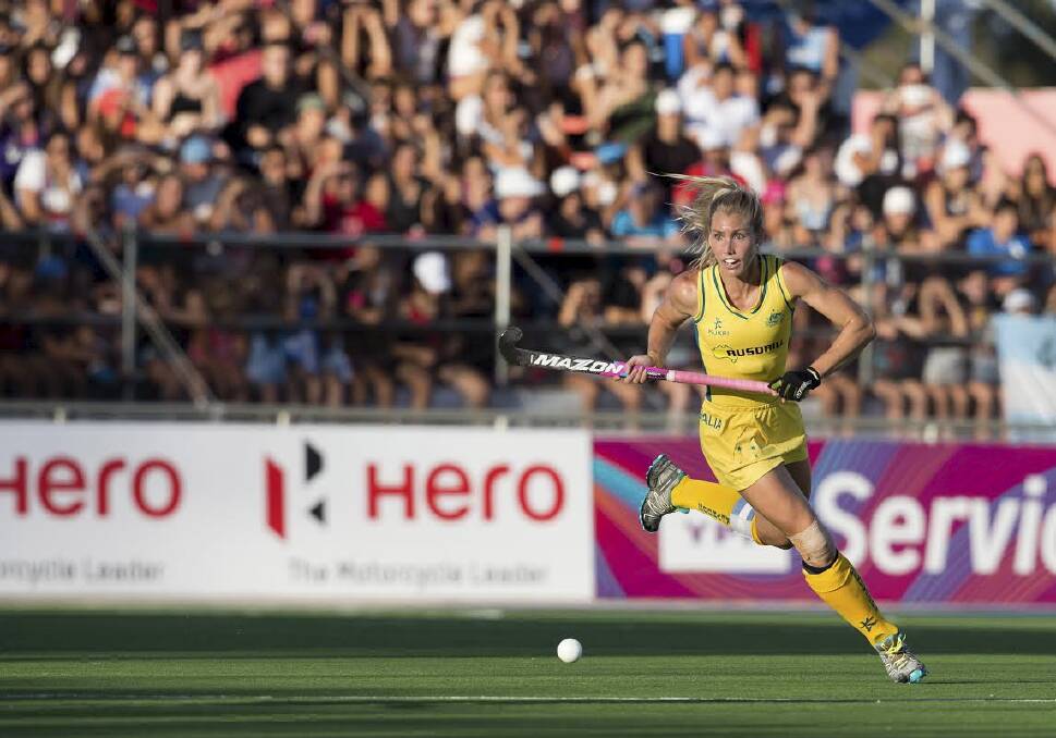 Casey Sablowski on the run for the Hockeyroos during the Champions Trophy loss to Argentina. Picture: GRANT TREEBY