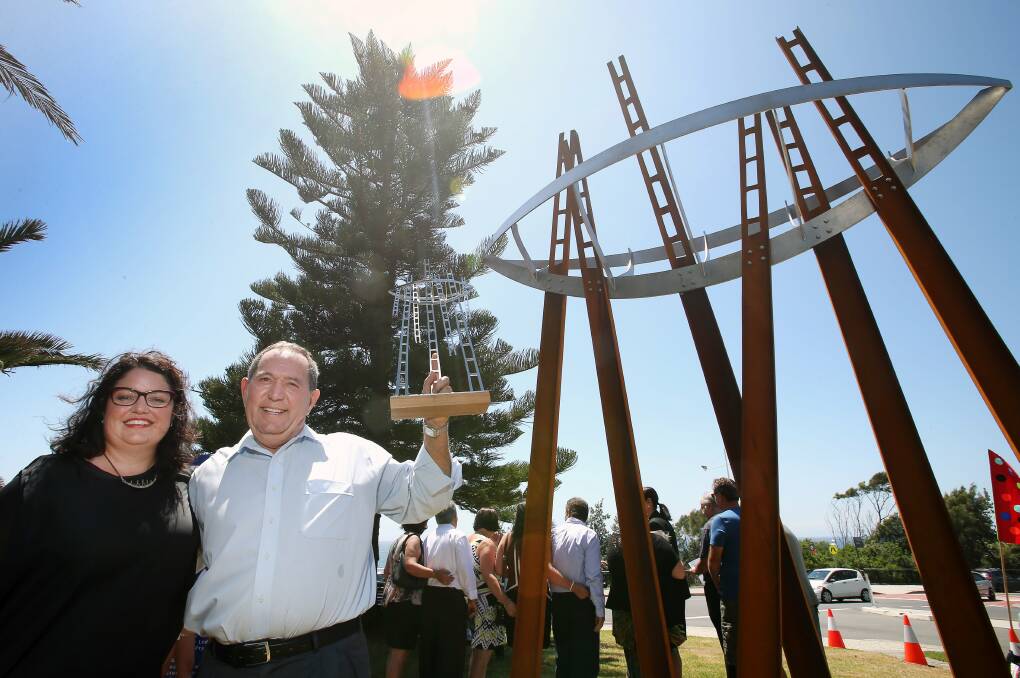 Visual artist Nerine Martini with Tom Gallo from the WGE Group at the official opening of the Migration Public Art Project in George Dodd Reserve, Wollongong, designed to echo the rich migrant and cultural heritage shaping the history of the region. Picture: KIRK GILMOUR