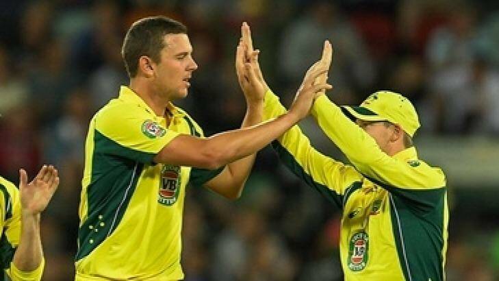 Josh Hazlewood celebrates as Australia seize the Chappell/Hadlee trophy. Photo: Cricket Australia