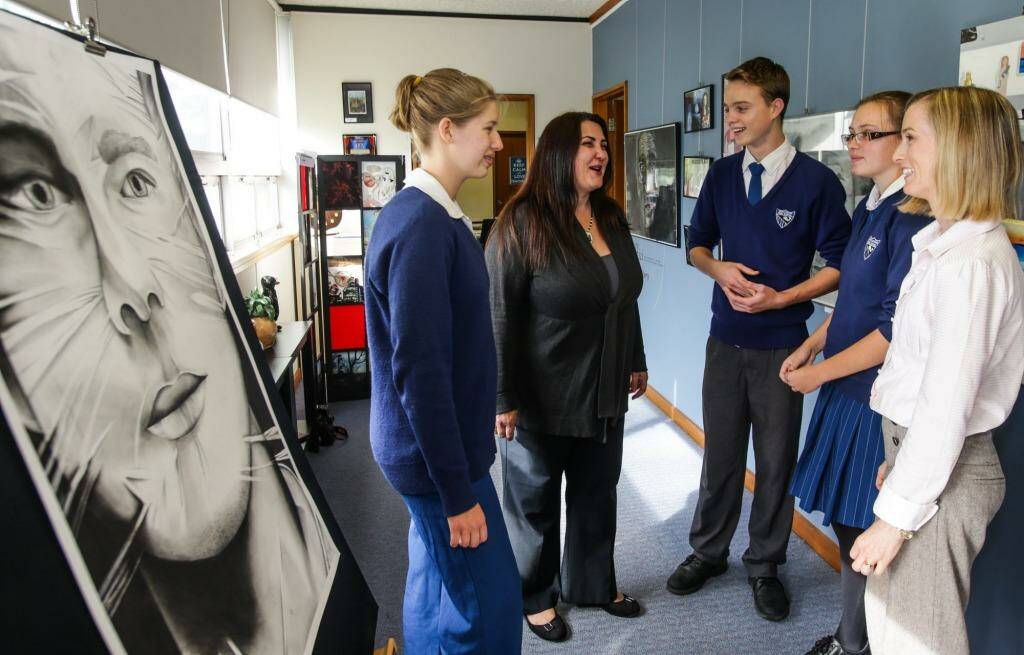 Principal Marianne Siokos with  students Jamila Scammell,16, Indiana Eck, 15, Ksenia Vasik, 15, and Mind Matters' Rebecca Stephens.  Photo: Dallas Kilponen