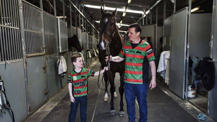 Twin prides: Joe Pride and his son Brave show their colours with Epsom hope Laser Hawk. Photo: Nick Moir