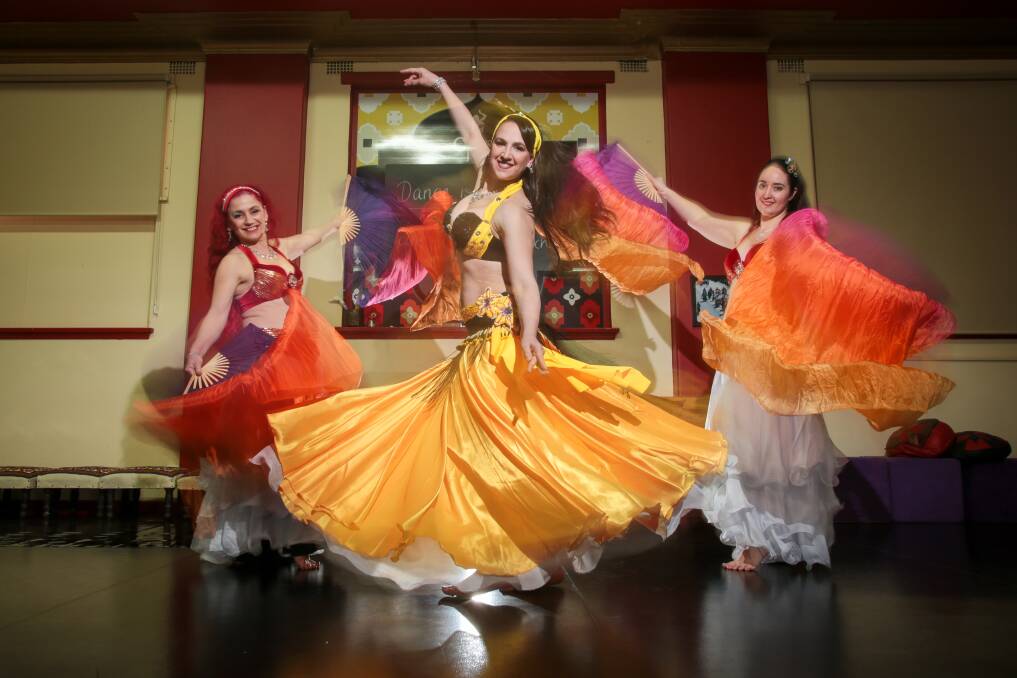 Cinnamon Twist belly dancers Mel Robson, Virginia Keft-Kennedy and Jessica Hull get ready for the Wollongong Belly Dance Festival from September 18-20. Picture: ADAM McLEAN
