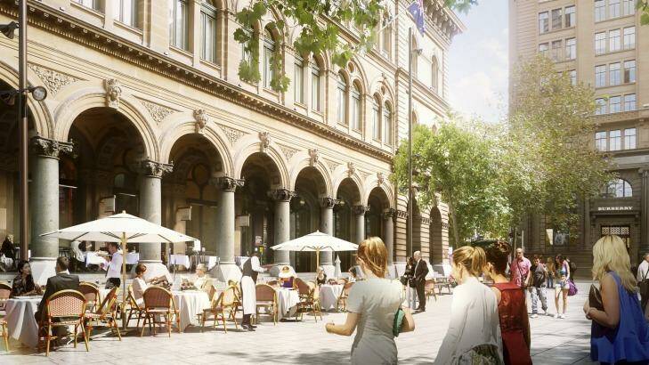 The proposed Martin Place upgrade will permit dining near the cenotaph for the first time, as seen in this artist's impression. 