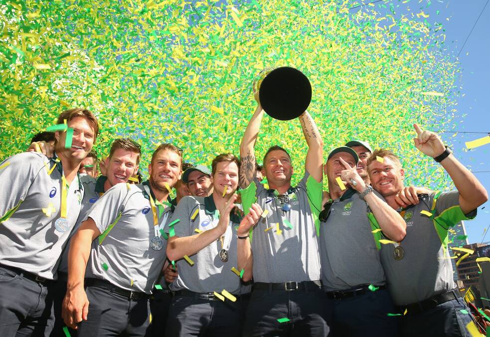 The Australian team with the World Cup at Federation Square in Melbourne on Monday. Picture: GETTY IMAGES