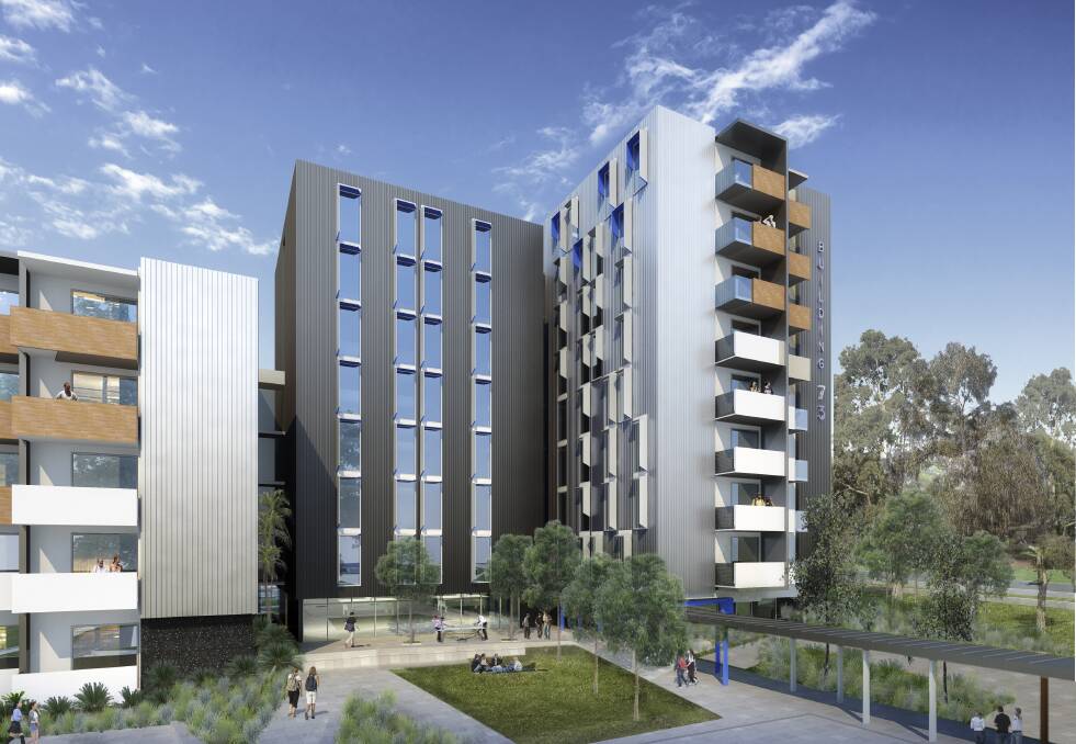 An artists’ impression shows high-rise residences  within the Kooloobong Village student accommodation precinct.