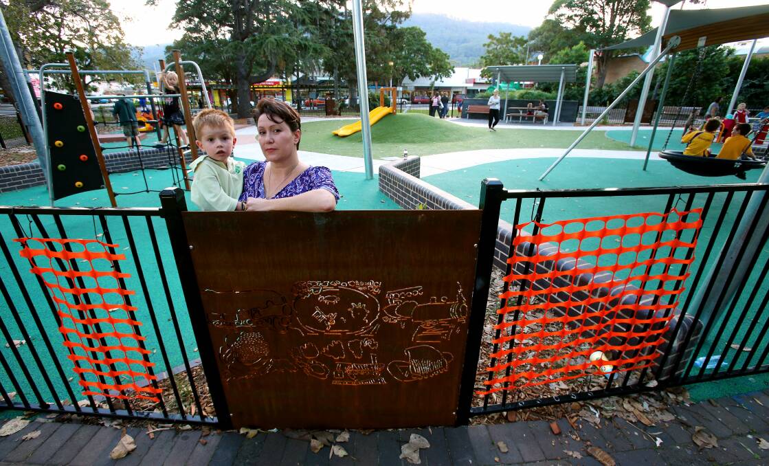 Rita Rapley with her son Luke, at Luke's Place in Memorial Park, Corrimal, which has been damaged by vandals. Picture: KIRK GILMOUR