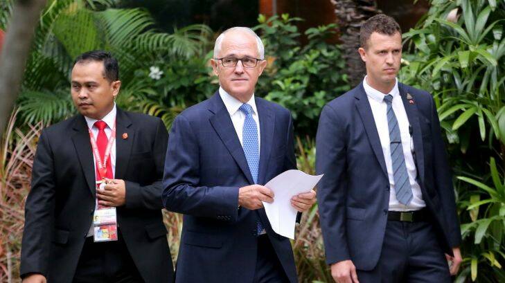 Australian Prime Minister Malcolm Turnbull, center, walks on sidelines of at Indian Ocean Rim Association summit in Jakarta, Indonesia, Tuesday, March 7, 2017.(Photo/Tatan Syuflana) . Photo: Tatan Syuflana