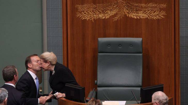 Tony Abbott congratulating Bronwyn Bishop the day she became Speaker in 2013. Photo: Alex Ellinghausen