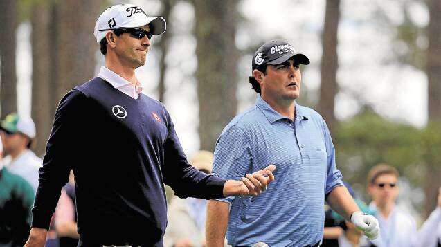 Adam Scott and Steve Bowditch during a practice round at Augusta. Picture: GETTY IMAGES