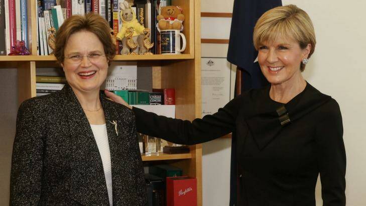 Foreign Affairs minister Julie Bishop welcomes Frances Adamson as Secretary of the Department of Foreign Affairs and Trade at Parliament House in August last year.  Photo: Andrew Meares