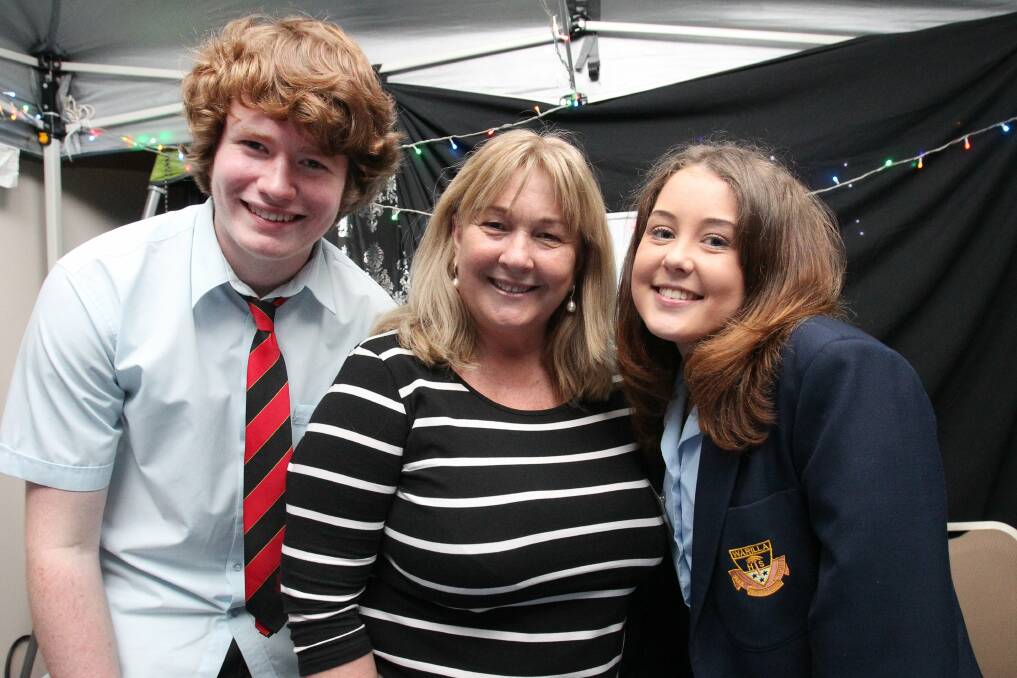 Edmund Rice College student Aiden Roodenrys, Wollongong Homeless Hub's Julie Mitchell and Warilla High School student Alannah Jennison at the Max Potential showcase. Picture: GREG TOTMAN