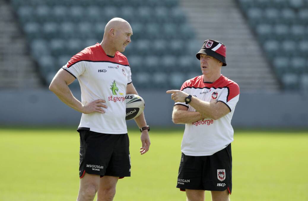 Dragons coach Paul McGregor and assistant coach Ian Millward at team training at WIN Stadium on Thursday. Picture: ANDY ZAKELI