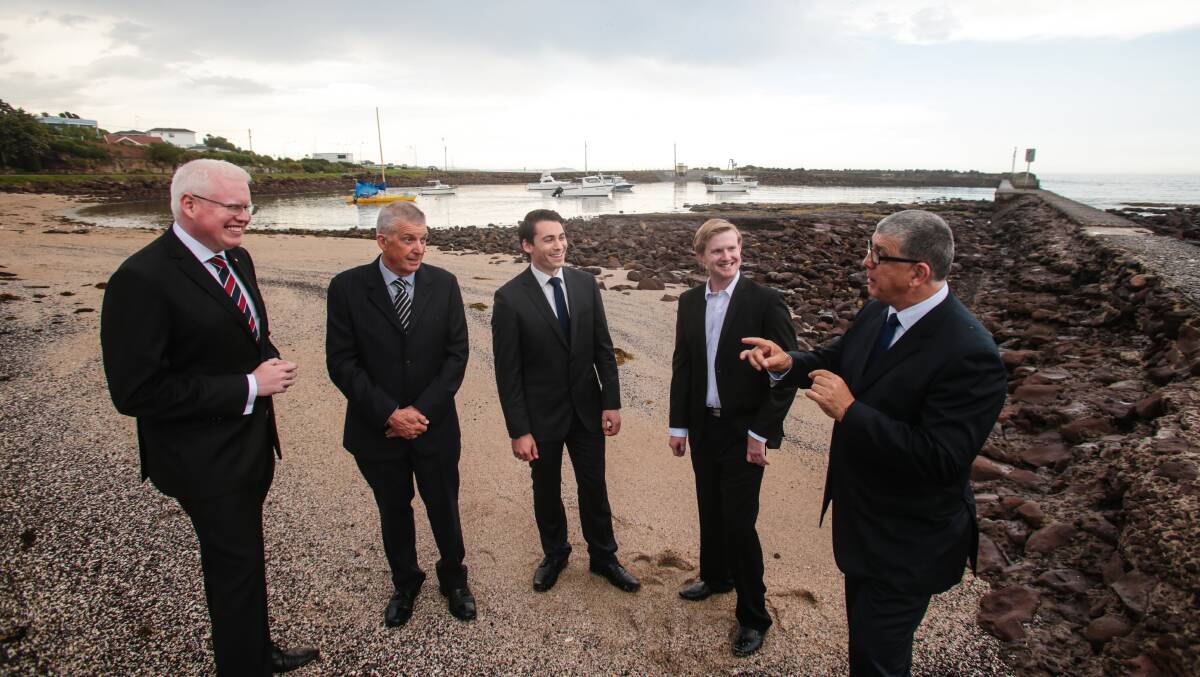 Kiama MP Gareth Ward (left) and Minister for the Illawarra John Ajaka (right) with Liberal candidates to contest the 2015 state election, Philip Clifford, Mark Jones, and Cameron Walters. Picture: ADAM McLEAN