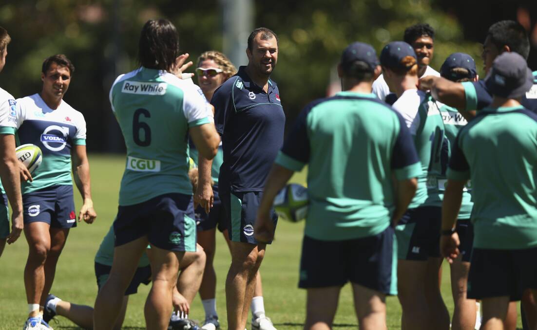 Michael Cheika among his Waratahs crew during training at Moore Park in Sydney. Picture: GETTY IMAGES