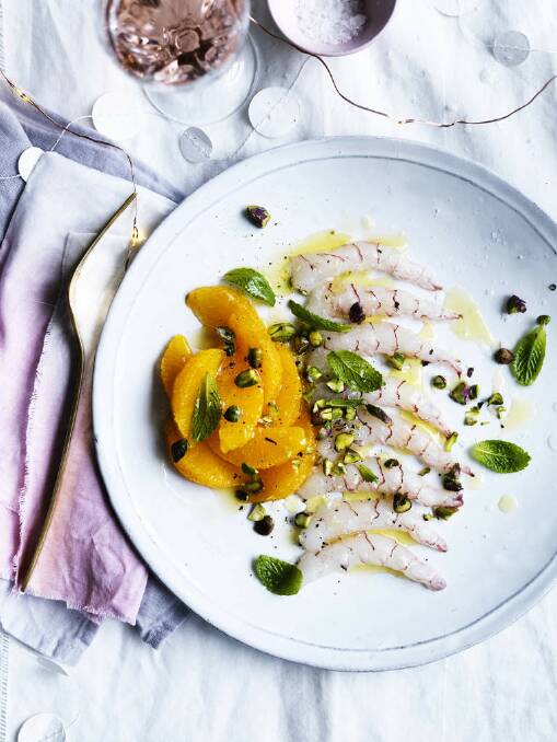 Scampi crudo with orange, pistachio and mint. <a href="http://www.goodfood.com.au/good-food/christmas-feasts/recipe/scampi-crudo-with-orange-pistachio-and-mint-20141209-3m5bx.html"><b>(Recipe here).</b></a> Photo: William Meppem