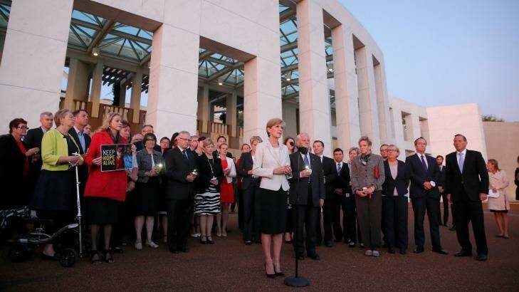 Foreign Minister Julie Bishop speaks during the candlelight vigil. Photo: Alex Ellinghausen